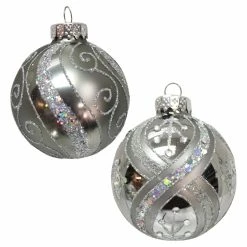 Top 10 ✔️ Metallic Ornaments Kurt Adler 3.15. In. Silver With Glitter And Sequins Glass Ball Ornaments - Set Of 6 ❤️ -Christmas Ornaments Shop detail2KSA3122