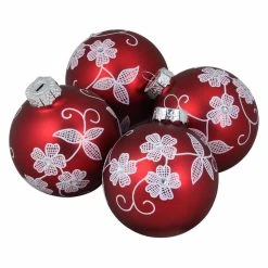 New 😀 White Ornaments Northlight White Floral On Red Ornament - Set Of 4 ✔️