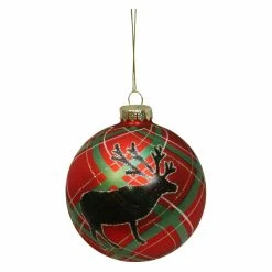 Promo 🧨 Green Ornaments Northlight Holiday Moments Plaid With Reindeer Silhouette Glass 🔥 Christmas Ball Ornament ⌛